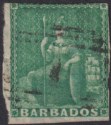 Click for more photos and details Barbados 1852 QV Britannia ½d Deep Green Imperf Used SG2 cat £325 with Faults