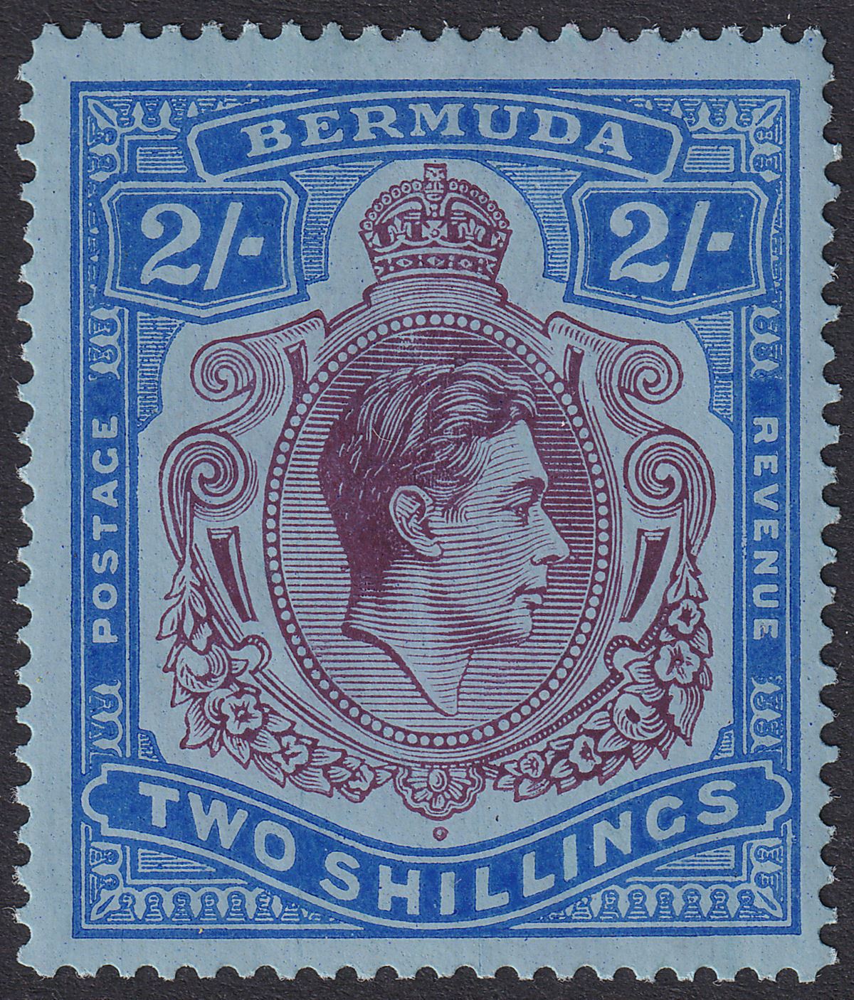 Bermuda 1941 KGVI 2sh Deep Purple and Ultramarine on Grey-Blue p14¼ Mint SG116b