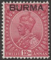 Burma 1937 KGV Opt on India 12a Claret Mint SG12