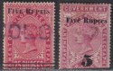Click for more photos and details Ceylon 1894 QV Telegraph 5r on 25r, 5r on 50r Surch Used Halves