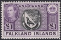 Click for more photos and details Falkland Islands 1944 KGVI £1 Grey-Black and Bluish Violet Mint SG163 cat £140
