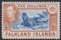 Click for more photos and details Falkland Islands 1938 KGVI 5sh Blue and Chestnut Mint SG161 cat £160