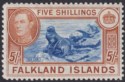 Click for more photos and details Falkland Islands 1949 KGVI 5sh Dull Blue and Yellow-Brown Mint SG161c cat £140