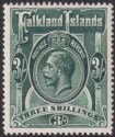 Click for more photos and details Falkland Islands 1912 KGV 3sh Slate-Green Mint SG66 cat £100