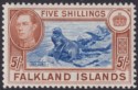 Click for more photos and details Falkland Islands 1950 KGVI 5sh Steel Blue and Brown-Buff Mint SG161d cat £425