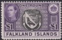 Click for more photos and details Falkland Islands 1944 KGVI £1 Grey-Black and Bluish Violet Mint SG163 cat £140