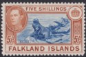 Click for more photos and details Falkland Islands 1949 KGVI 5sh Dull Blue and Yellow-Brown Mint SG161c cat £140
