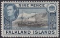 Click for more photos and details Falkland Islands 1944 KGVI 9d Brown-Black and Grey-Blue Mint SG157