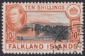 Click for more photos and details Falkland Islands 1942 KGVI 10sh Black and Light Orange Used SG162a cat £65