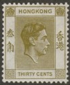 Hong Kong 1938 KGVI 30c Yellow-Olive p14 Mint SG151