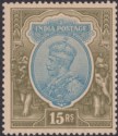 Click for more photos and details India 1928 KGV 15r Blue and Olive watermark Stars Inverted Mint SG218w cat £48
