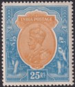 Click for more photos and details India 1928 KGV 25r Orange and Blue watermark Stars Mint SG219 cat £325