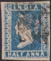 Click for more photos and details India 1854 QV ½a Blue Die I Used SG2 cat £60 with four margins