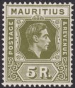 Click for more photos and details Mauritius 1948 KGVI 5r Deep Olive Chalky Paper Mint SG262 CW11b