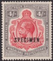 Click for more photos and details Nyasaland 1913 KGV SPECIMEN 4sh Carmine and Black Mint SG95s