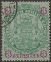 Rhodesia 1896 QV BSAC Large Arms 3sh Green and Mauve on Blue Used SG36