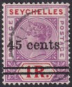Click for more photos and details Seychelles 1902 QV 45c Surcharge on 1r Bright Mauve + Deep Red Used SG44 cat £50