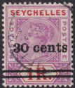 Click for more photos and details Seychelles 1902 QV 30c Surcharge on 1r Bright Mauve + Deep Red Used SG43 cat £50