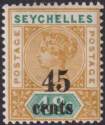 Click for more photos and details Seychelles 1893 QV 45c Surcharge on 48c Ochre and Green Mint SG20 cat £40
