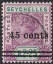 Click for more photos and details Seychelles 1902 QV 45c Surcharge on 2r25c Bright Mauve + Green Used SG45 cat£100